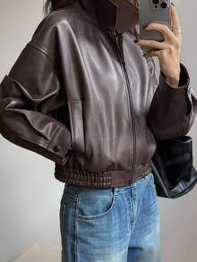 DAZY Women's Fashion Punk Style PU Zipper Jacket ,Petite Women - Brown - View 5