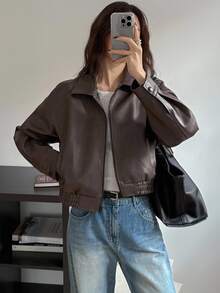 DAZY Women's Fashion Punk Style PU Zipper Jacket ,Petite Women - Brown - View 9