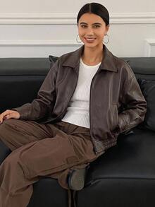 DAZY Women's Fashion Punk Style PU Zipper Jacket ,Petite Women - Brown - View 8