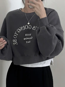 DAZY Letter Embroidered Drop Shoulder Crop Pullover,Long Sleeve Tops,Fall Clothes Sweatshirt - Dark Grey - View 4