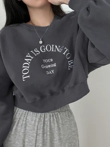 DAZY Letter Embroidered Drop Shoulder Crop Pullover,Long Sleeve Tops,Fall Clothes Sweatshirt - Dark Grey - View 3