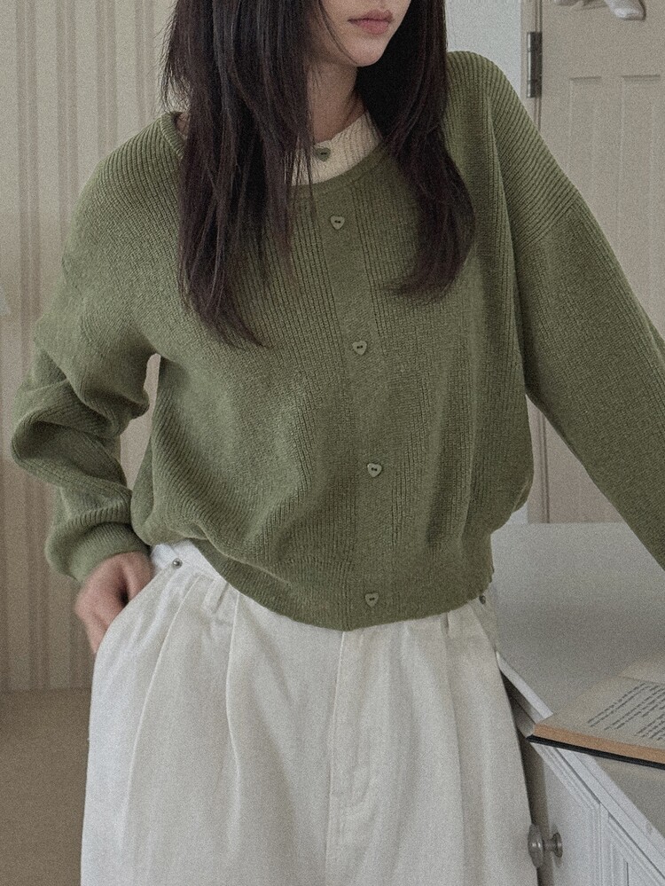 DAZY Patchwork 2 In 1 Loose Round Neck Long Sleeve Button Decor Casual Vacation Pullover Knit Sweater For Women Autumn/Winter - Green - View 2