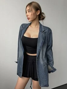 Dazy Star Pointed Collar Single-Breasted Washed Denim Jacket,Back To School Clothes - Medium Wash - View 4