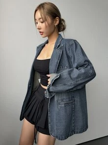 Dazy Star Pointed Collar Single-Breasted Washed Denim Jacket,Back To School Clothes - Medium Wash - View 8