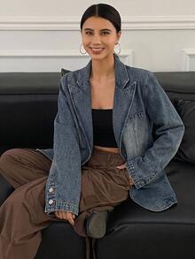 Dazy Star Pointed Collar Single-Breasted Washed Denim Jacket,Back To School Clothes - Medium Wash - View 1