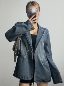 Dazy Star Pointed Collar Single-Breasted Washed Denim Jacket,Back To School Clothes - Medium Wash - View 7