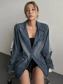 Dazy Star Pointed Collar Single-Breasted Washed Denim Jacket,Back To School Clothes - Medium Wash - View 5