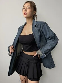 Dazy Star Pointed Collar Single-Breasted Washed Denim Jacket,Back To School Clothes - Medium Wash - View 3