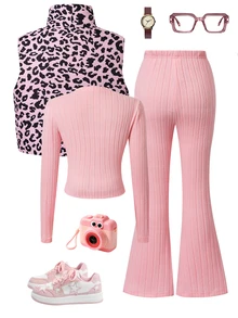 SHEIN Tween Girls 3 Pieces Set, Pink Ribbed Long Sleeve Top Bow, Paired With Flared Pants. Outer Layer Pink Leopard Vest, School Birthday Autumn - Multicolor - View 2