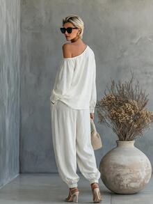 SHEIN European & American New Solid Color Elegant Asymmetric Shoulder Top With Pocket Lantern Pants Long Pants Versatile Casual Loose Two Pieces Set - Beige - View 2