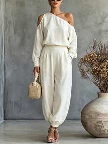 SHEIN European & American New Solid Color Elegant Asymmetric Shoulder Top With Pocket Lantern Pants Long Pants Versatile Casual Loose Two Pieces Set - Beige - View 5