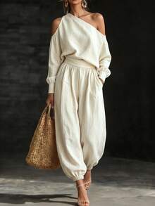 SHEIN European & American New Solid Color Elegant Asymmetric Shoulder Top With Pocket Lantern Pants Long Pants Versatile Casual Loose Two Pieces Set - Beige - View 3