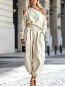 SHEIN European & American New Solid Color Elegant Asymmetric Shoulder Top With Pocket Lantern Pants Long Pants Versatile Casual Loose Two Pieces Set - Beige - View 1
