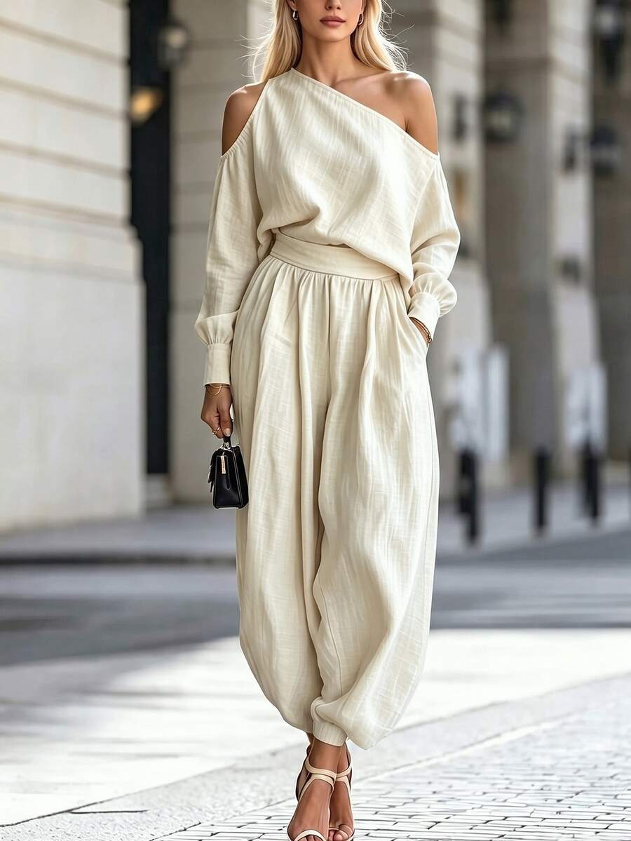 SHEIN European & American New Solid Color Elegant Asymmetric Shoulder Top With Pocket Lantern Pants Long Pants Versatile Casual Loose Two Pieces Set - Beige - View 1