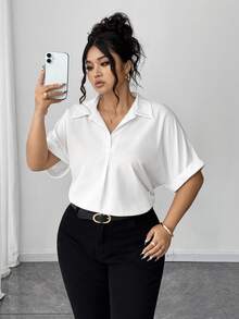 Elenzga Plus Size Straight Fit Short Sleeve Turndown Collar Pure White Batwing Blouse - White - View 6
