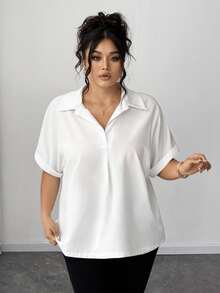 Elenzga Plus Size Straight Fit Short Sleeve Turndown Collar Pure White Batwing Blouse - White - View 8