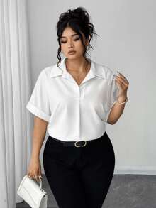 Elenzga Plus Size Straight Fit Short Sleeve Turndown Collar Pure White Batwing Blouse - White - View 7