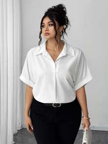 Elenzga Plus Size Straight Fit Short Sleeve Turndown Collar Pure White Batwing Blouse - White - View 5