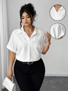 Elenzga Plus Size Straight Fit Short Sleeve Turndown Collar Pure White Batwing Blouse - White - View 3