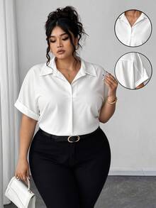 Elenzga Plus Size Straight Fit Short Sleeve Turndown Collar Pure White Batwing Blouse - White - View 4