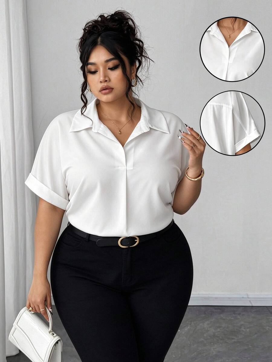 Elenzga Plus Size Straight Fit Short Sleeve Turndown Collar Pure White Batwing Blouse,Casual Blouses For Ladies,Work Outfits For Women - White - View 1