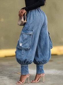 BriallanyX BriallanyX Women's Distressed Cargo Pocket Wide Leg Denim Pants - Blue - View 10