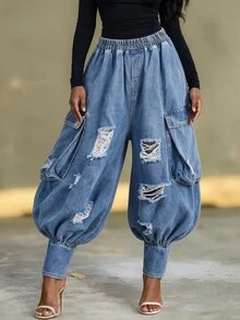 BriallanyX BriallanyX Women's Distressed Cargo Pocket Wide Leg Denim Pants - Blue - View 6