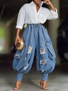 BriallanyX BriallanyX Women's Distressed Cargo Pocket Wide Leg Denim Pants - Blue - View 2