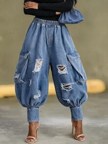 BriallanyX BriallanyX Women's Distressed Cargo Pocket Wide Leg Denim Pants - Blue - View 7