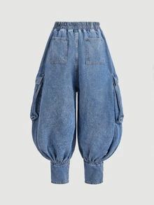 BriallanyX BriallanyX Women's Distressed Cargo Pocket Wide Leg Denim Pants - Blue - View 12