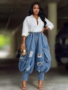 BriallanyX BriallanyX Women's Distressed Cargo Pocket Wide Leg Denim Pants - Blue - View 8