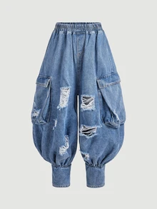 BriallanyX BriallanyX Women's Distressed Cargo Pocket Wide Leg Denim Pants - Blue - View 11