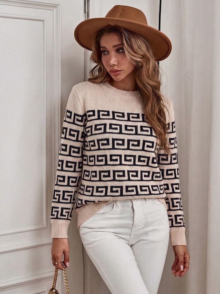 Sprig & Strand Autumn/Winter New Elegant Daily Apricot Color Retro Round Neck Long Sleeve Women's Fashion Knit Pullover Top - Apricot - View 4
