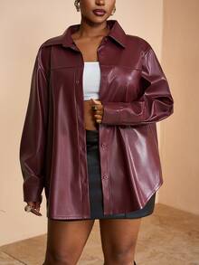 Slaydiva 2025 Autumn Women's Elegant Goth Cowboy Burgundy PU Leather Collar Loose Shirt Windbreaker Coat Night Out Going Out Cocktail Street Style Y2k Office - Burgundy - View 7