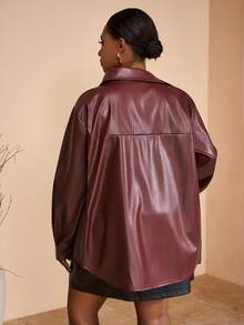 Slaydiva 2025 Autumn Women's Elegant Goth Cowboy Burgundy PU Leather Collar Loose Shirt Windbreaker Coat Night Out Going Out Cocktail Street Style Y2k Office - Burgundy - View 3
