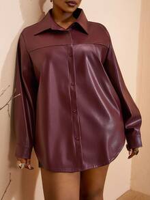 Slaydiva 2025 Autumn Women's Elegant Goth Cowboy Burgundy PU Leather Collar Loose Shirt Windbreaker Coat Night Out Going Out Cocktail Street Style Y2k Office - Burgundy - View 6