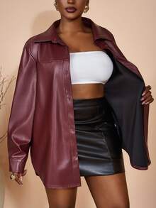 Slaydiva 2025 Autumn Women's Elegant Goth Cowboy Burgundy PU Leather Collar Loose Shirt Windbreaker Coat Night Out Going Out Cocktail Street Style Y2k Office - Burgundy - View 8