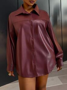 Slaydiva 2025 Autumn Women's Elegant Goth Cowboy Burgundy PU Leather Collar Loose Shirt Windbreaker Coat Night Out Going Out Cocktail Street Style Y2k Office - Burgundy - View 2