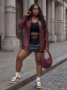 Slaydiva 2025 Autumn Women's Elegant Goth Cowboy Burgundy PU Leather Collar Loose Shirt Windbreaker Coat Night Out Going Out Cocktail Street Style Y2k Office - Burgundy - View 1