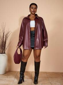 Slaydiva 2025 Autumn Women's Elegant Goth Cowboy Burgundy PU Leather Collar Loose Shirt Windbreaker Coat Night Out Going Out Cocktail Street Style Y2k Office - Burgundy - View 5
