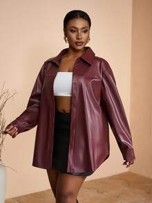 Slaydiva 2025 Autumn Women's Elegant Goth Cowboy Burgundy PU Leather Collar Loose Shirt Windbreaker Coat Night Out Going Out Cocktail Street Style Y2k Office - Burgundy - View 4