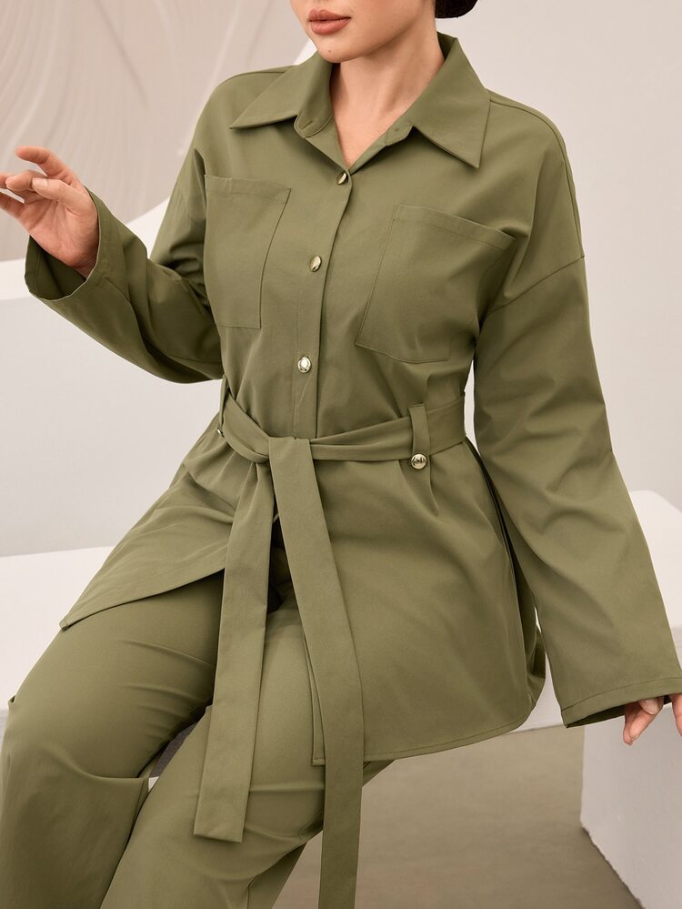 Graceveil Women's Army‑Green Lapel Collar 2 Pieces Outfit, Tie‑Waist Design, Autumn Style, Elegant Shirt‑Style Top & Wide‑Leg Trousers Casual Set - Army Green - View 7