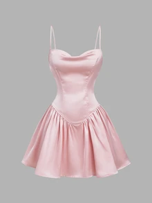 SHEIN MOD Chic Women's Pink Sleeveless Satin Short Dress With Draped Neckline And Flared Hem For Party,Prom Dresses For Girls Short,Retro Dresses For Woman - Pink - View 3