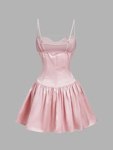 SHEIN MOD Chic Women's Pink Sleeveless Satin Short Dress With Draped Neckline And Flared Hem For Party,Prom Dresses For Girls Short,Retro Dresses For Woman - Pink - View 4
