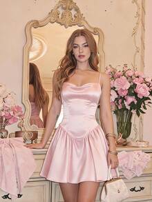 SHEIN MOD Chic Women's Pink Sleeveless Satin Short Dress With Draped Neckline And Flared Hem For Party,Prom Dresses For Girls Short,Retro Dresses For Woman - Pink - View 1