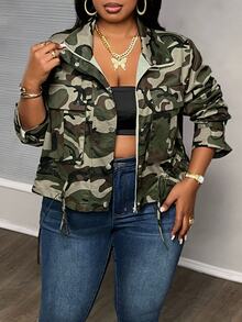 Slaydiva Plus Size Camouflage Print Drawstring Hem Jacket For Dailywear Winter Fall Autumn Hiking Office Army Green Business Casual - Multicolor - View 5
