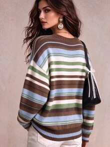 Lalippa Women's Striped Drop Shoulder Long Sleeve Casual Crew Neck Sweater - Multicolor - View 2