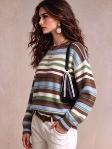 Lalippa Women's Striped Drop Shoulder Long Sleeve Casual Crew Neck Sweater - Multicolor - View 3