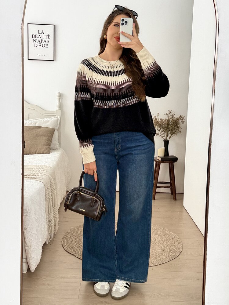 Easowa Curve Plus Size Autumn/Winter Casual Colorblock Striped Pullover Sweater - Multicolor - View 6