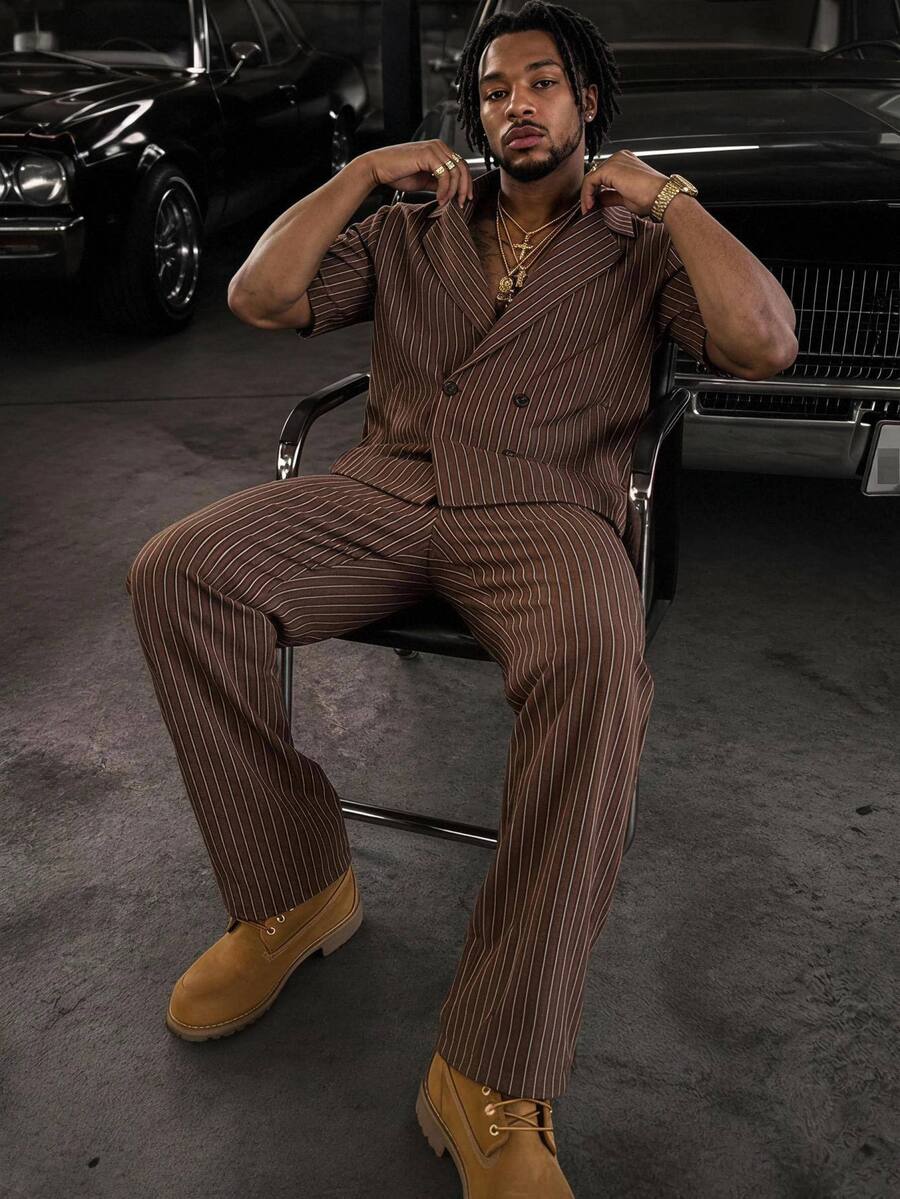 GETOML Men's Brown Striped D Pin Oversized 90s Retro Shirt Wide Leg Pants 2 Pieces Set Streetwear Vacation Summer Linen Casual Date Night Holiday Rave